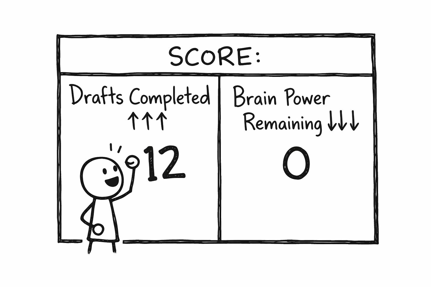Hand-drawn scoreboard comparing AI drafts completed versus remaining creative brain power, showing high output and mental depletion in a satirical whiteboard illustration. Hand-drawn scoreboard comparing AI drafts completed versus remaining creative brain power, showing high output and mental depletion in a satirical whiteboard illustration.