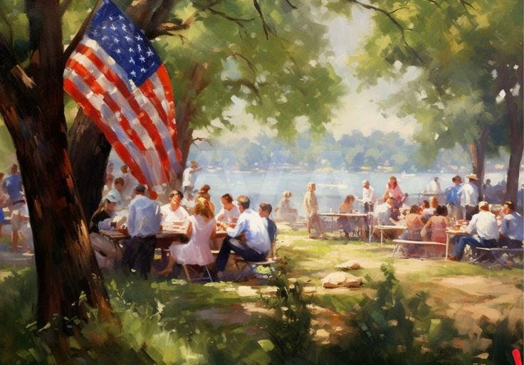 This may contain: a painting of people sitting at picnic tables in the shade of an american flag hanging from a tree