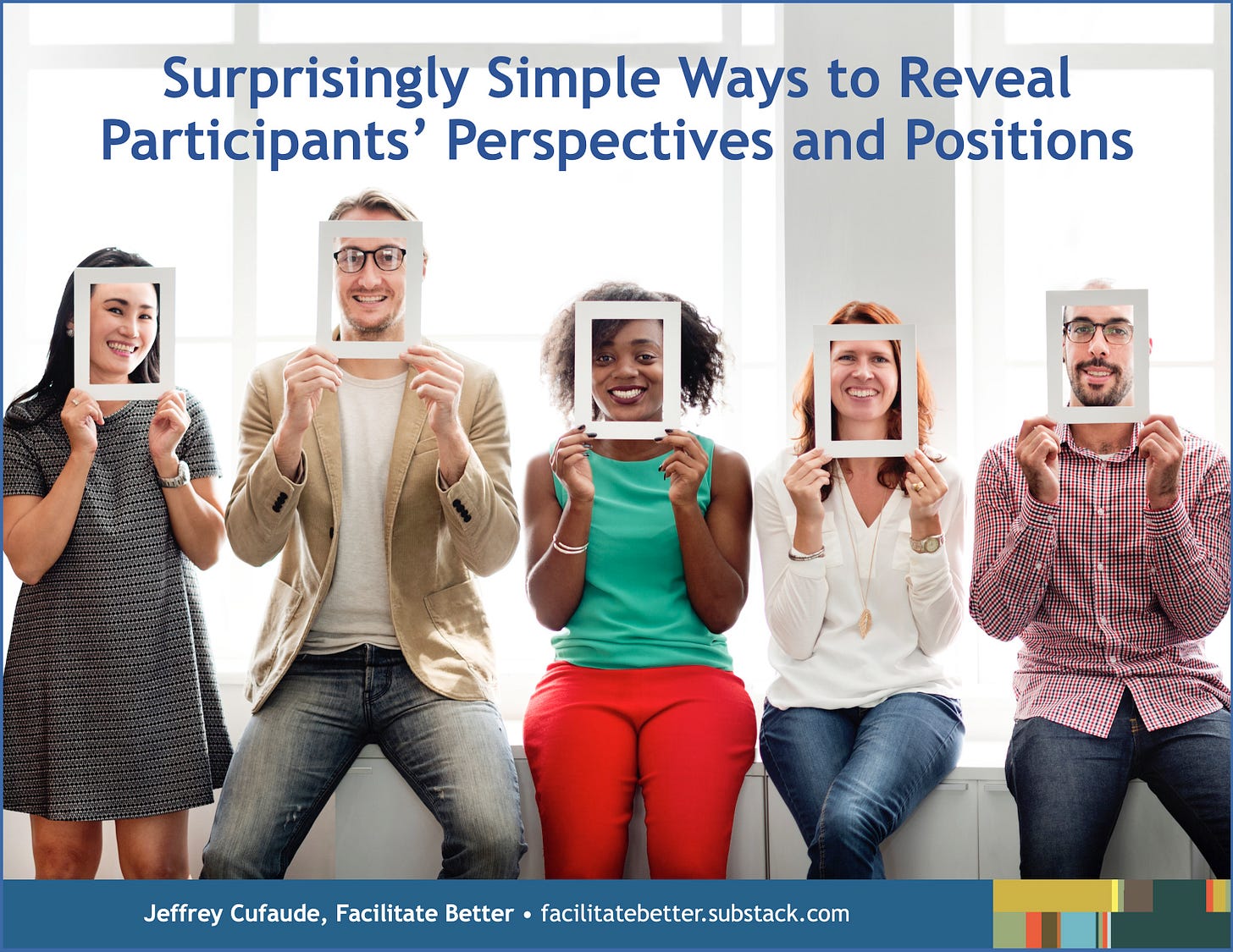five young professionals, three women and two men, sit in a row on a ledge, each one holding a white frame in front of their face