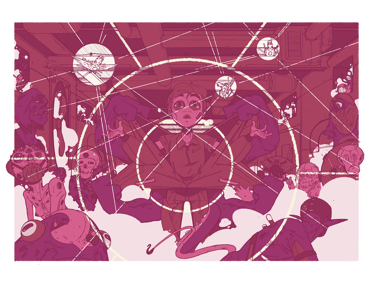 Alex stands in the center of the club floor with her hands extended. Aliens with a variety of appearances dance next to her.