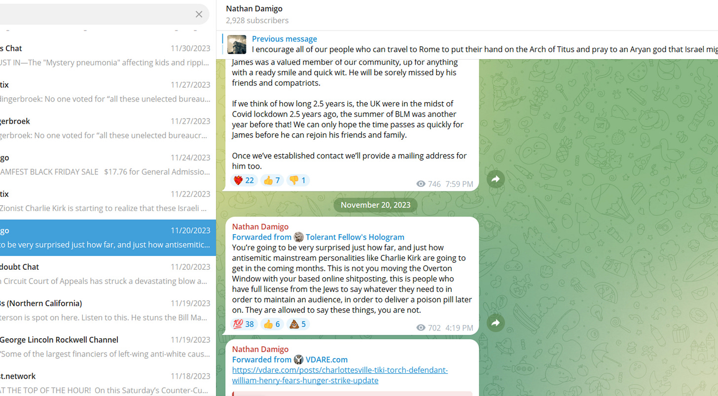 Damigo posting that Kirk has permission from the Jews to say what he needs to say, explaining that the TPUSA president was about to get more antisemitic.