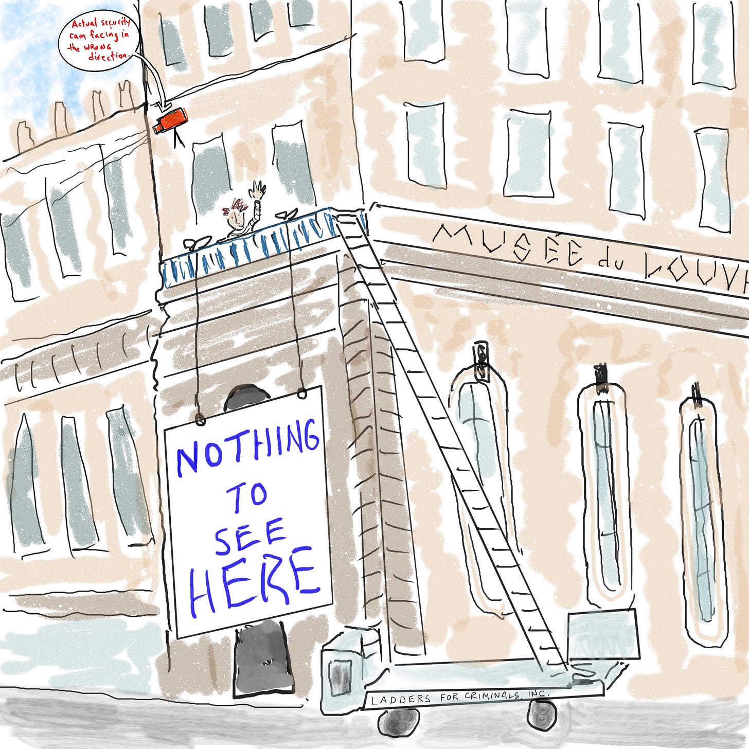 Louvre with a sign reading Nothing Going on Here