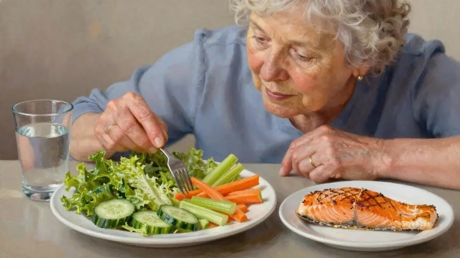 An anti-inflammatory diet A senior woman thoughtfully examining a plate of fresh food, a romaine salad, sliced cucumbers, celery and carrot sticks, next to a simple glass of water and freshly grilled salmon symbolizing healthy food choices for joint pain relief. A professional style oil painting.