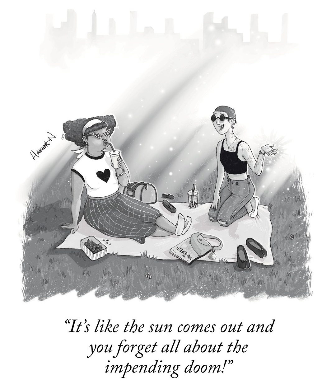 May be an illustration of ‎one or more people and ‎text that says '‎لامل HALUKLL اص امسا BIBK นงพ "It's like the sun comes out and you forget all about the impending doom!"‎'‎‎
