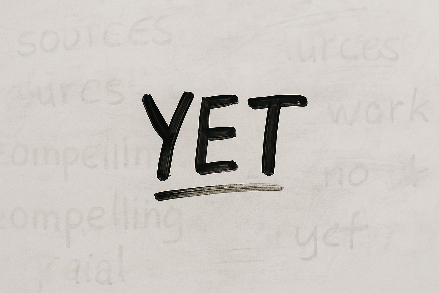 The word “YET” handwritten on a whiteboard, surrounded by faint erased notes, symbolizing growth and unfinished progress. The word “YET” handwritten on a whiteboard, surrounded by faint erased notes, symbolizing growth and unfinished progress.