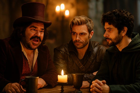 Rictavio, visually inspired by Matt Berry, sits across a tavern table from Greegan, visually inspired by Matt Ryan and dressed in rogue's leathers, and Felonious, visually inspired by Ben Whishaw. The setting is the Blue Water Inn in Vallaki, with firelight flickering across mugs and maps spread on the table. Rictavio leans forward theatrically, one eyebrow raised, while Greegan lounges with a smirk and Felonious watches with quiet intensity. The atmosphere is warm, tense, and cinematic—three men with secrets, sharing drinks and half-truths.