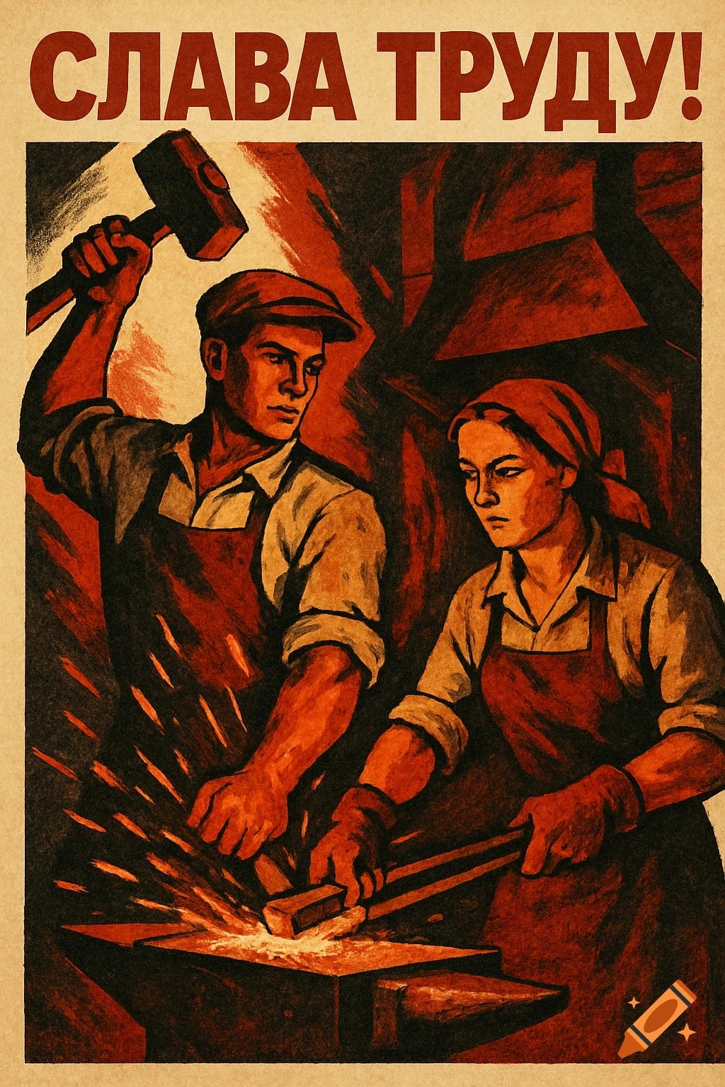 Soviet-style propaganda poster of a man and woman working at a blacksmith forge with the text 'Glory to Labor!'
