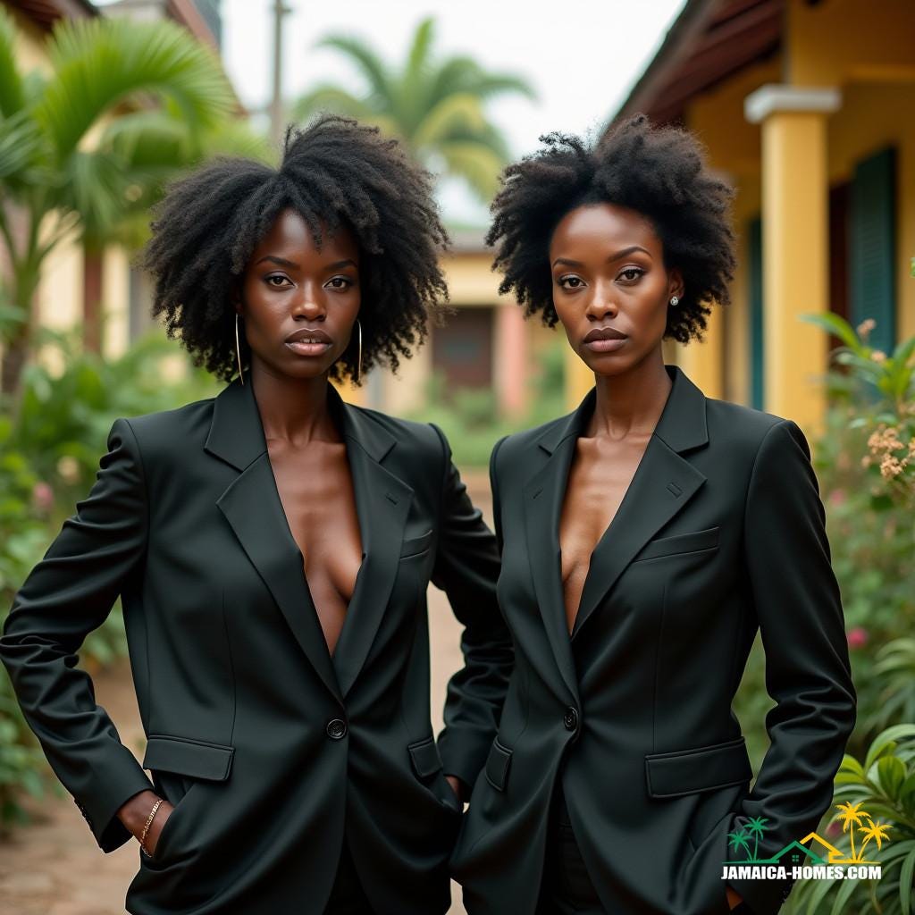 Regal black models dressed in stylish, modest real estate agent attire, posing in a vibrant Jamaican Caribbean setting, exuding confidence and poise.