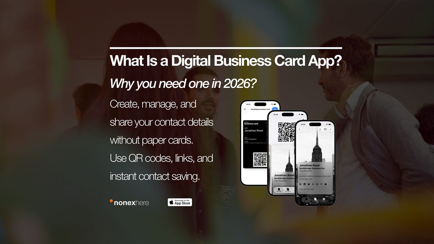 Digital business card app showing QR code sharing, Apple Wallet integration, and instant contact sharing on a mobile device