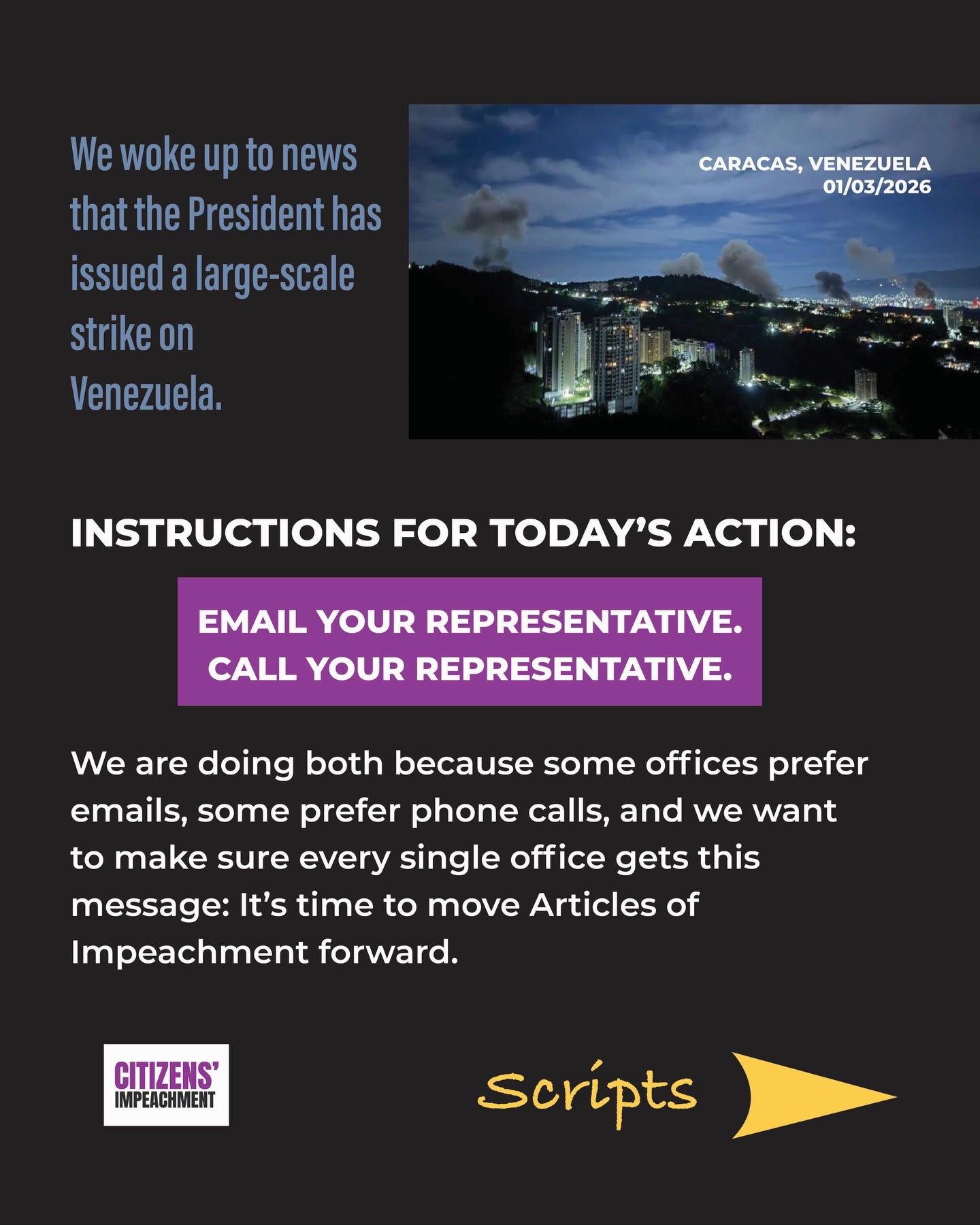 Action alert graphic about a large-scale strike on Venezuela, instructing viewers to email and call their representative.