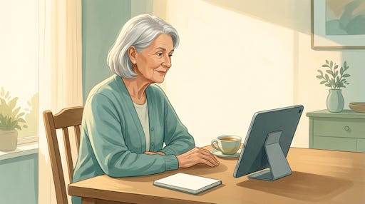 A woman at a table looking at a device. A woman at a table looking at a device.