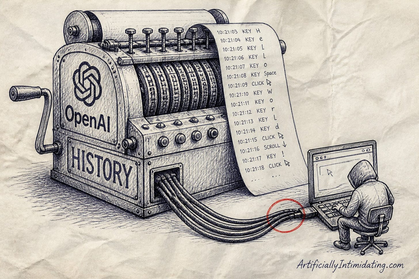 Hand-drawn sketch of a large hand-cranked ledger machine stamped with the OpenAI mark and the word HISTORY, cabled into a small laptop keyboard, printing a long paper scroll listing timestamped key presses and clicks while a small hooded person types, unaware.