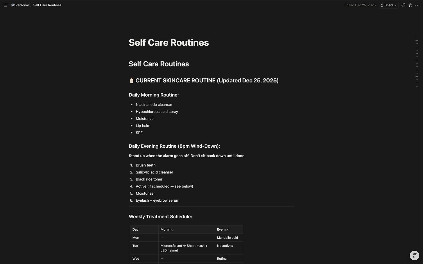 The Visible Practitioner screenshot for the Brain Offload Method, July 12, 2026. A Notion page holding a daily skincare routine and weekly treatment schedule, representing the filing cabinet that stores every detail so nothing has to live in your head.