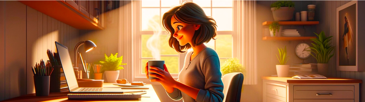 Image of a woman having coffee in the morning in front of the computer