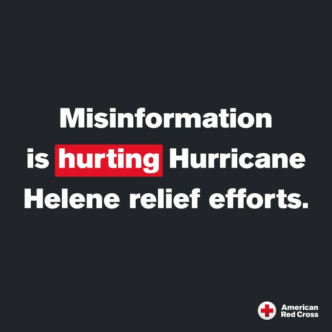 A graphic stating, 'Misinformation is hurting Hurricane Helene relief efforts.'