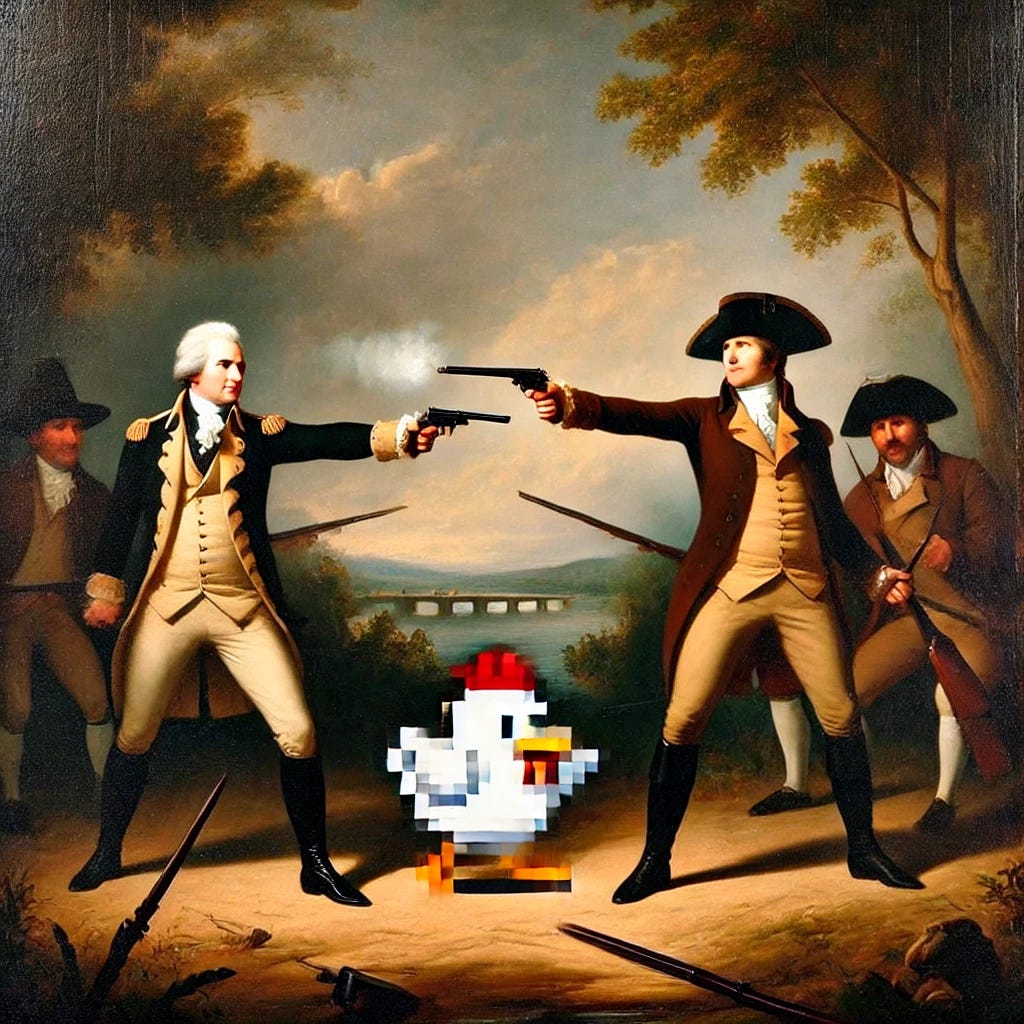 A historical painting of Alexander Hamilton and Aaron Burr in the midst of their famous duel, with more distance between them. Alexander Hamilton, on the left, is dressed in 18th-century attire, holding a revolutionary-era flintlock pistol, identical to the one Aaron Burr is holding, and pointing it straight up into the air. Aaron Burr, on the right, is in a traditional dueling stance, aiming his pistol at Hamilton. Between the two men is a small, white pixelated chicken from the modern video game 'Crossy Road,' crossing in the open space between them. The background features a river and trees, reminiscent of Weehawken, New Jersey, where the duel took place.