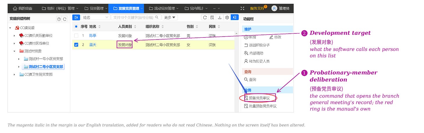The development-target list, and the command that opens the meeting record The development-target list, and the command that opens the meeting record