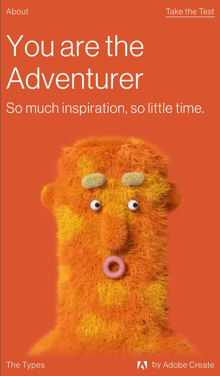 A vibrant orange fuzzy character representing 'The Adventurer' creative type, set against a solid orange background with text that reads 'You are the Adventurer' and 'So much inspiration, so little time.'