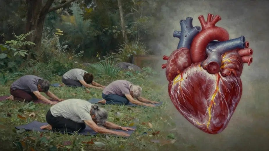 A spilt image of seniors doing yoga in nature on the left and on the right a diagram of a healthy heart. A hyper realistic oil painting.