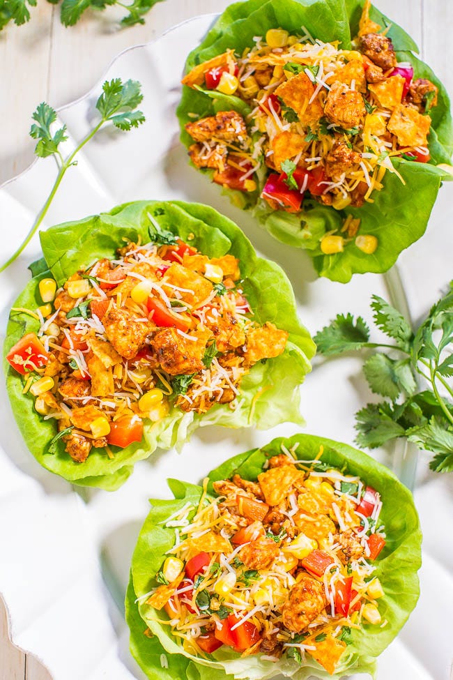 Three Chicken Taco Lettuce Wraps on a plate. 