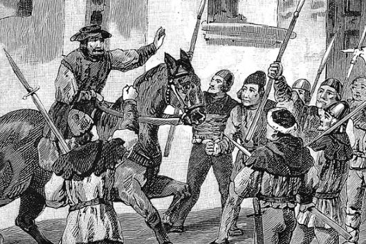 Historische Schwarz-Weiss-Illustration aus der Zeit des Bauernkriegs nach 1525. Das Bild zeigt einen berittenen Mann, vermutlich ein Adliger, der von einer Gruppe bewaffneter Bauern mit Spiessen und Hellebarden umzingelt wird. Die Bauern wirken entschlossen und aggressiv, während das Pferd des Reiters scheu zurückweicht. Die Szene vermittelt eine angespannte, kämpferische Atmosphäre. Historische Schwarz-Weiss-Illustration aus der Zeit des Bauernkriegs nach 1525. Das Bild zeigt einen berittenen Mann, vermutlich ein Adliger, der von einer Gruppe bewaffneter Bauern mit Spiessen und Hellebarden umzingelt wird. Die Bauern wirken entschlossen und aggressiv, während das Pferd des Reiters scheu zurückweicht. Die Szene vermittelt eine angespannte, kämpferische Atmosphäre.