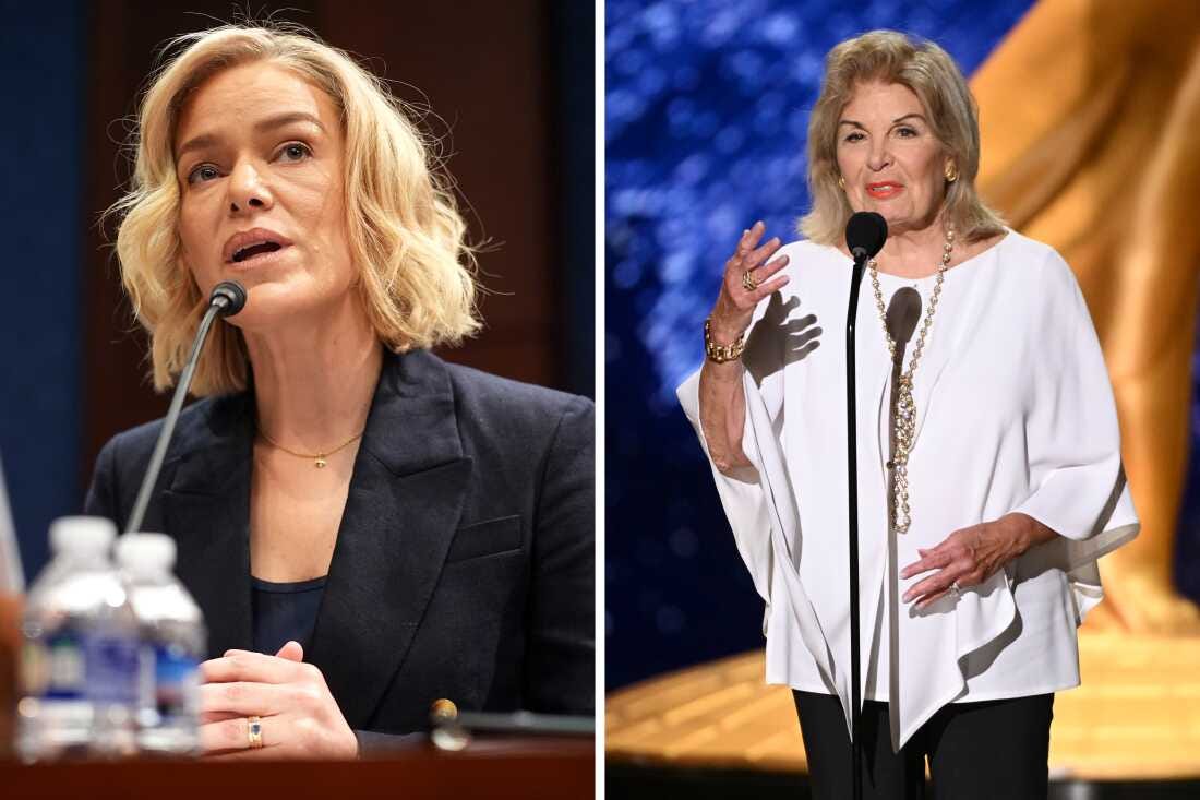 On left, NPR President and CEO Katherine Maher testifies during a House Oversight and Government Reform Committee hearing at the U.S. Capitol on March 26. On right, CPB President and CEO Patricia Harrison accepts the Governors Award on CPB's behalf during the 2025 Creative Arts Emmy Awards on Sept. 7.