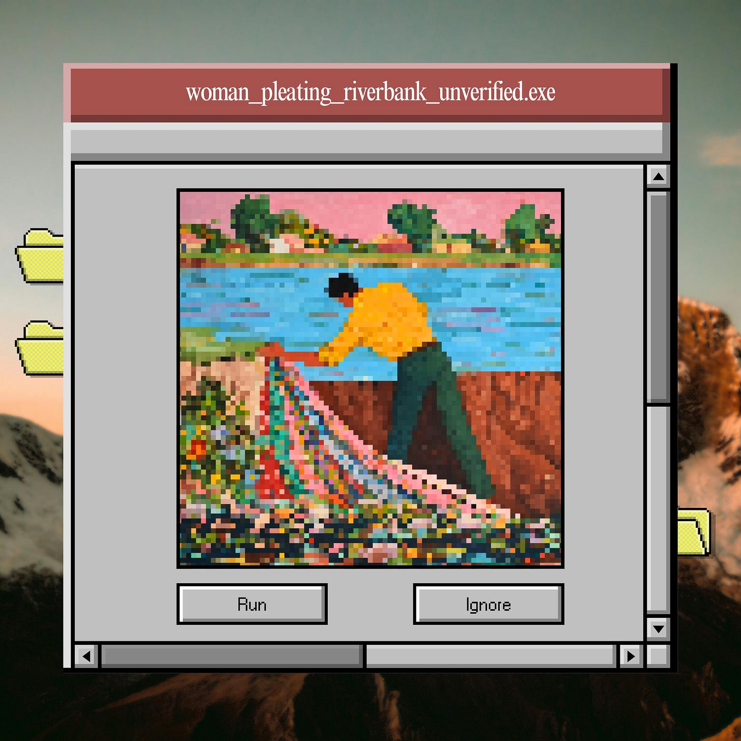 Pixelated graphic style mimicking an old 1990s computer operating system window titled "woman_pleating_riverbank_unverified.exe". Inside the window is a heavily pixelated, low-resolution square illustration of a figure in a yellow shirt and dark pants standing by a blue riverbank, tending to a vibrant, multi-colored patterned textile or netting under a pink sky. Below the image are two retro gray command buttons labeled "Run" and "Ignore.”