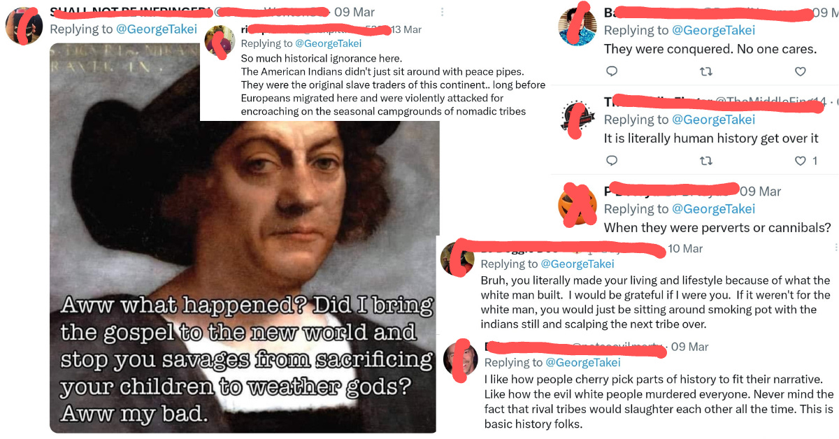 Screenshots of responses on Twitter filled with aggressive responses sent to George Takei when addressing the crisis of Indigenous children in the state foster care systems.