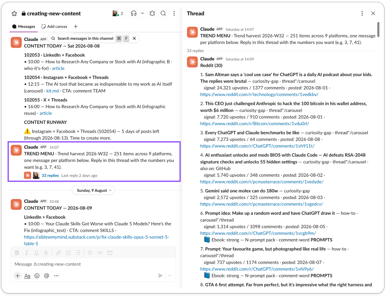Claude trend monitoring workflow delivering a Slack menu of 251 trending posts across nine platforms, with ranked Reddit topics, engagement data, and source links.