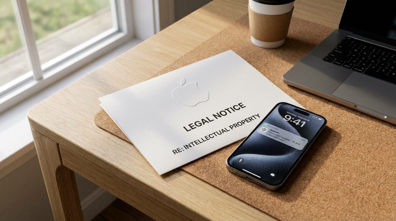 Một bức thư pháp lý chính thức có logo Apple nằm trên bàn làm việc, bên cạnh một chiếc điện thoại thông minh hiển thị thông báo ứng dụng OpenAI. Một bức thư pháp lý chính thức có logo Apple nằm trên bàn làm việc, bên cạnh một chiếc điện thoại thông minh hiển thị thông báo ứng dụng OpenAI.