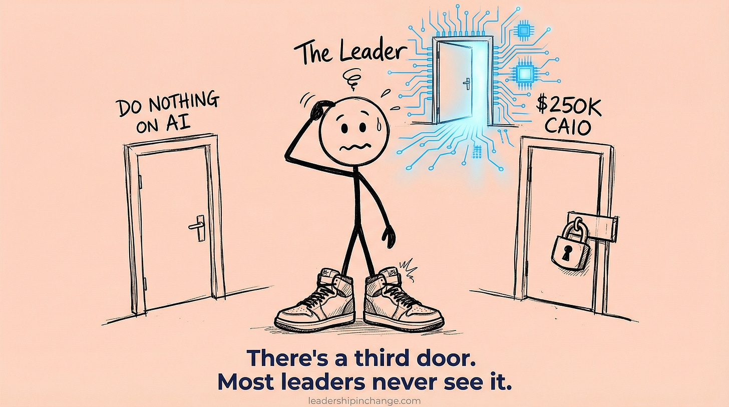 Stick figure leader standing between two doors labeled do nothing and $250K CAIO with a third glowing blue door opening in the middle — fractional AI leadership | Leadership in Change by Joel Salinas Stick figure leader standing between two doors labeled do nothing and $250K CAIO with a third glowing blue door opening in the middle — fractional AI leadership | Leadership in Change by Joel Salinas