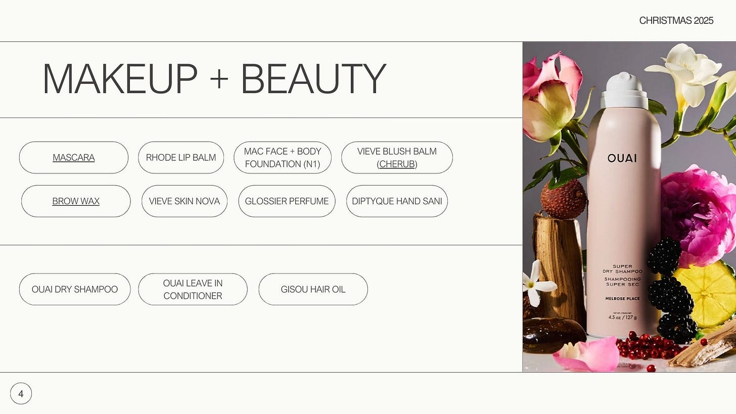 Makeup and beauty slide includes: rhode lip balm, brow wax, glossier perfume, and more (see below). 