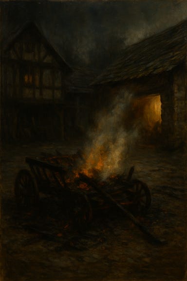 The stableyard of the Blue Water Inn in Vallaki, moments after a fireball explosion. The ground is scorched and littered with debris—splintered wood, singed hay, and broken lanterns. Smoke curls from the stable doors, and the walls are blackened with soot. A few horses rear nervously in the background, their eyes wide. The mist hangs low, tinged with orange from the lingering embers. The atmosphere is tense and cinematic, evoking the aftermath of magical violence.