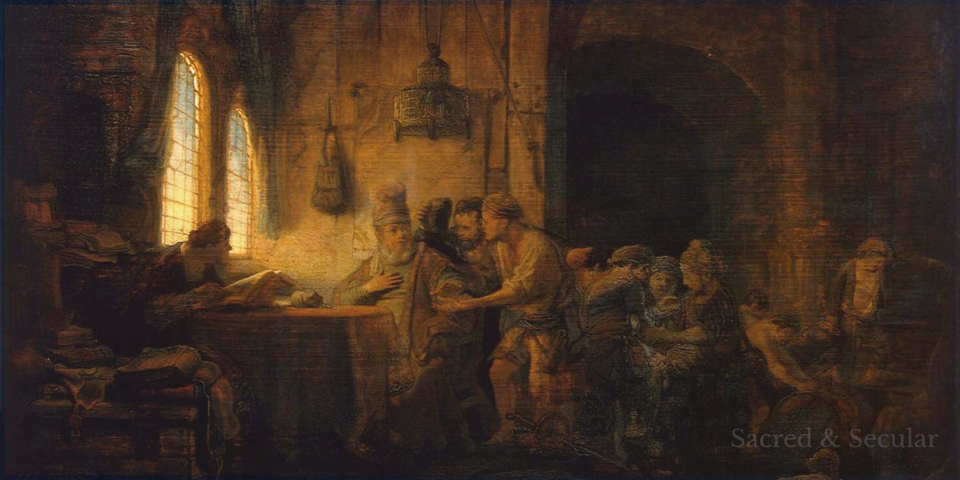 A dark, dramatic biblical scene by Rembrandt showing a landowner seated at a table paying vineyard workers. Several men gather closely around him, watching the exchange as warm light falls across their faces and the surrounding room remains in shadow. ChatGPT can make mistakes. Check important info. A dark, dramatic biblical scene by Rembrandt showing a landowner seated at a table paying vineyard workers. Several men gather closely around him, watching the exchange as warm light falls across their faces and the surrounding room remains in shadow. ChatGPT can make mistakes. Check important info.