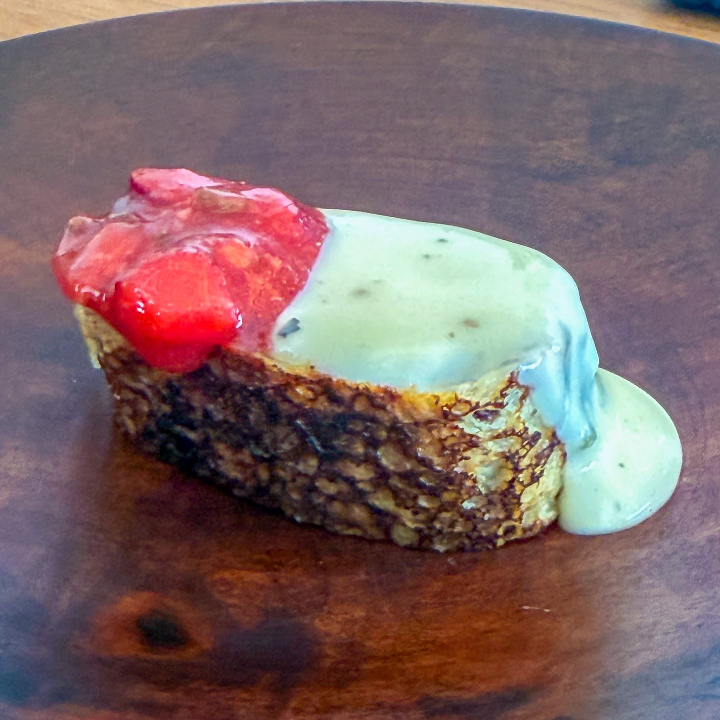 Grilled rolled crepe with algae-infused cream and macerated strawberries at Bittikesu, Paris 4th Grilled rolled crepe with algae-infused cream and macerated strawberries at Bittikesu, Paris 4th