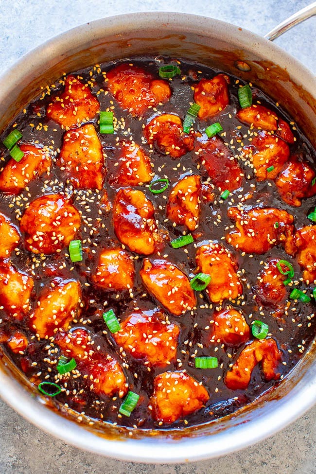 A pot of Better-Than-Takeout Sticky Chicken. 