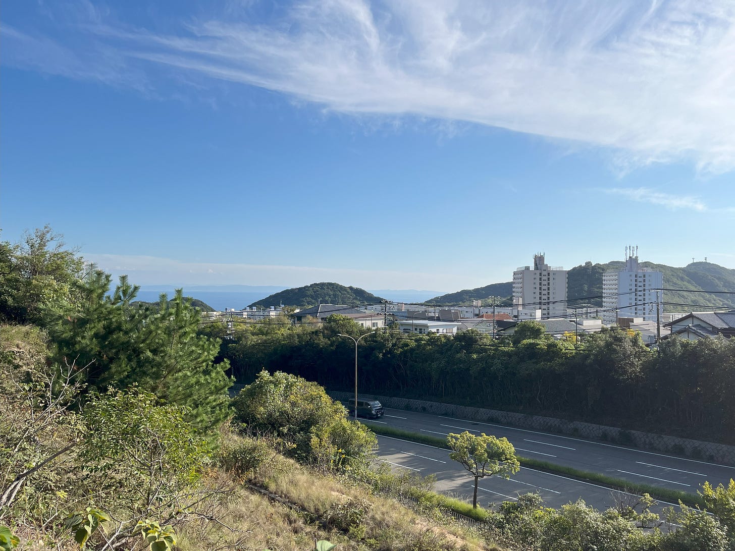 A photo taken from a hillside looking over the Suma mountains near Kobe, with Osaka Bay in the background