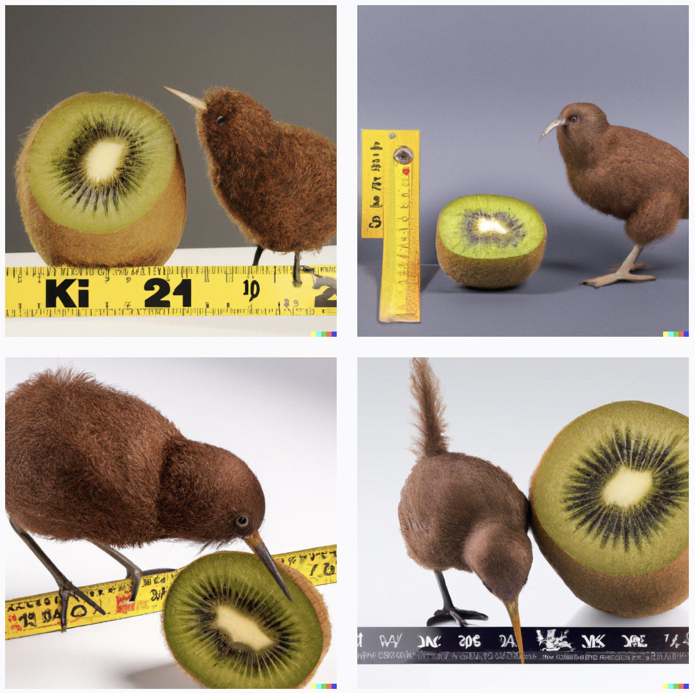 Four generated images of kiwi birds next to approximately same-sized cut kiwi fruit. There are rulers in each view, but the units on the rulers are illegible messes. Four generated images of kiwi birds next to approximately same-sized cut kiwi fruit. There are rulers in each view, but the units on the rulers are illegible messes.