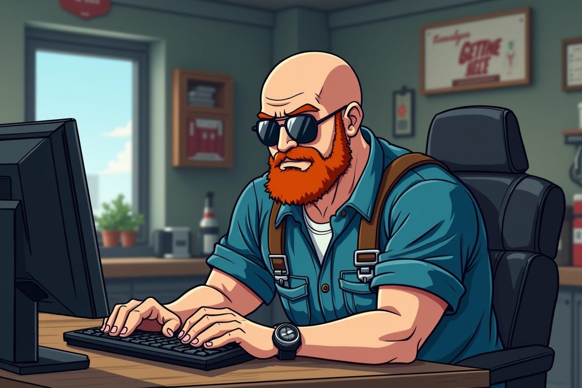 Draw in an anime style: a man sitting in a mechanic's garage, wearing coveralls, typing at a computer. The man has a shaved head, red beard, and aviator sunglasses. Draw in an anime style: a man sitting in a mechanic's garage, wearing coveralls, typing at a computer. The man has a shaved head, red beard, and aviator sunglasses.