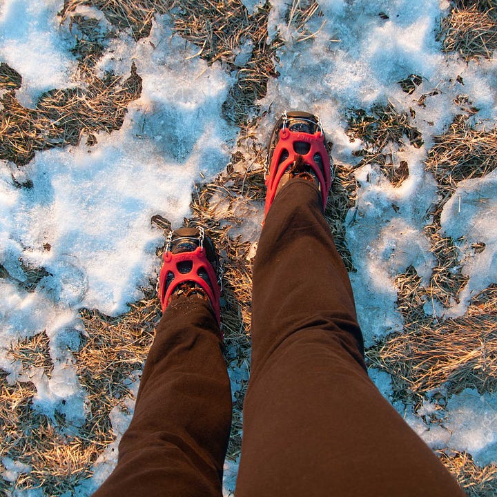 Diptych. Two legs with red snow-grippers on left; Moon in blue sky with sunset-red branches of a tree on right.