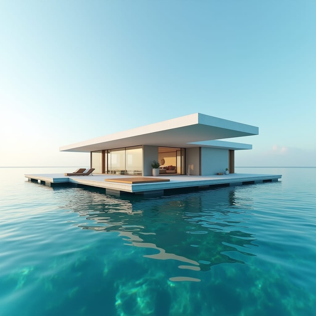 Modern, sleek, and eco-friendly floating prefab homes nestled in the vibrant cityscape of Mobay, Jamaica, surrounded by turquoise waters and lush greenery, with a sense of serenity and harmony. Soft, warm light casts a golden glow on the futuristic dwellings, accentuating their angular lines and minimalist aesthetic. The atmosphere is tranquil, with a few sailboats drifting lazily in the distance, their sails billowing in the gentle Caribbean breeze.