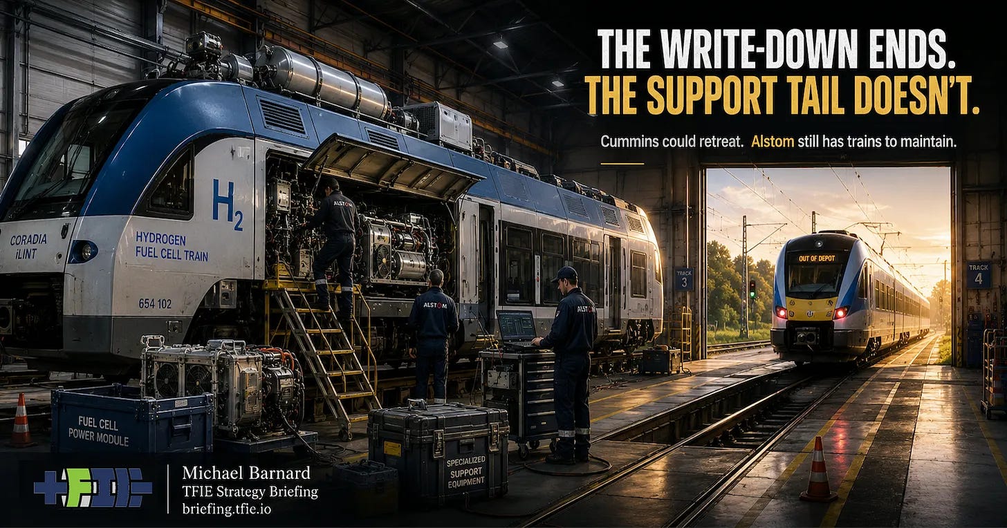 Hydrogen train undergoing specialized depot maintenance as an electric regional train departs, showing the long support obligations left after a weak strategy.