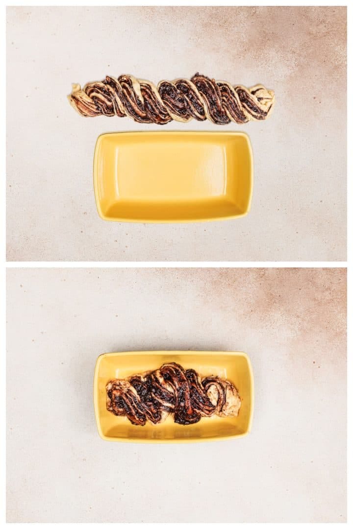 Two images: The top shows a twisted chocolate babka loaf above a rectangular yellow baking dish. The bottom highlights the chocolate babka recipe in action, with the loaf nestled in the dish, ready for baking on a light, textured surface.
