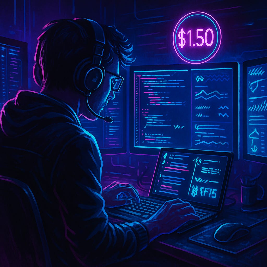 a software developer mumbles into his headset during a late night debugging session.