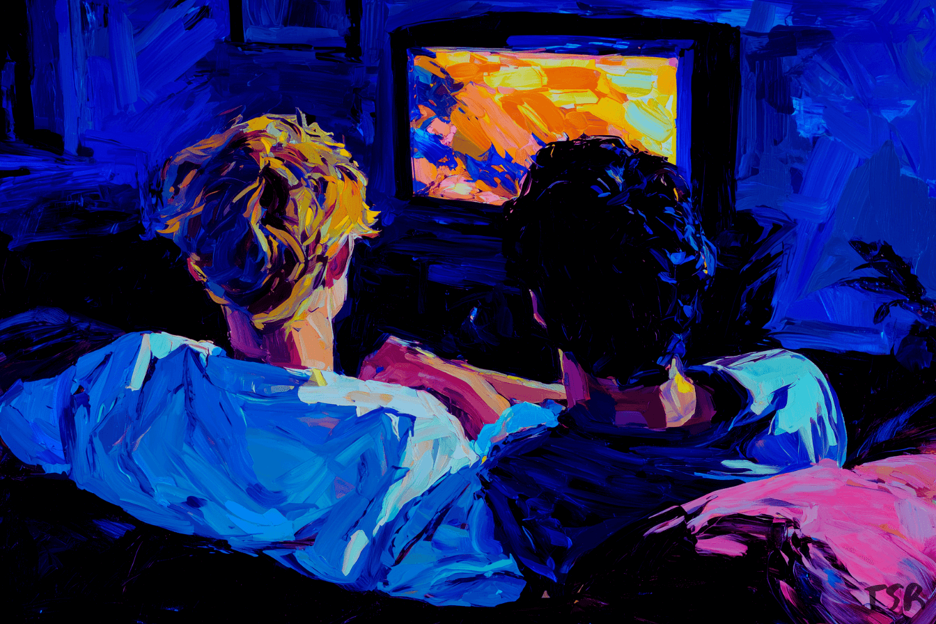 Two young men sitting inches apart on a worn velvet sofa in a dark living room, watching the TV in tense, charged silence.