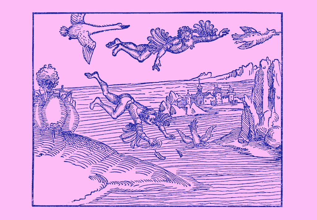 Dédale et Icare probablement vus par Albrecht Dürer (vers 1493) - une des 2852 œuvres de la Renaissance présentée par La Musée (image colorisée en rose et bleu par mes soins). Dédale et Icare probablement vus par Albrecht Dürer (vers 1493) - une des 2852 œuvres de la Renaissance présentée par La Musée (image colorisée en rose et bleu par mes soins).