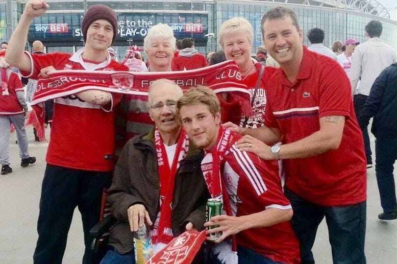 Middlesborough fan David Brown (bottom right) pictured with his family at Wembley (Photo: Gazette live) Middlesborough fan David Brown (bottom right) pictured with his family at Wembley (Photo: Gazette live)