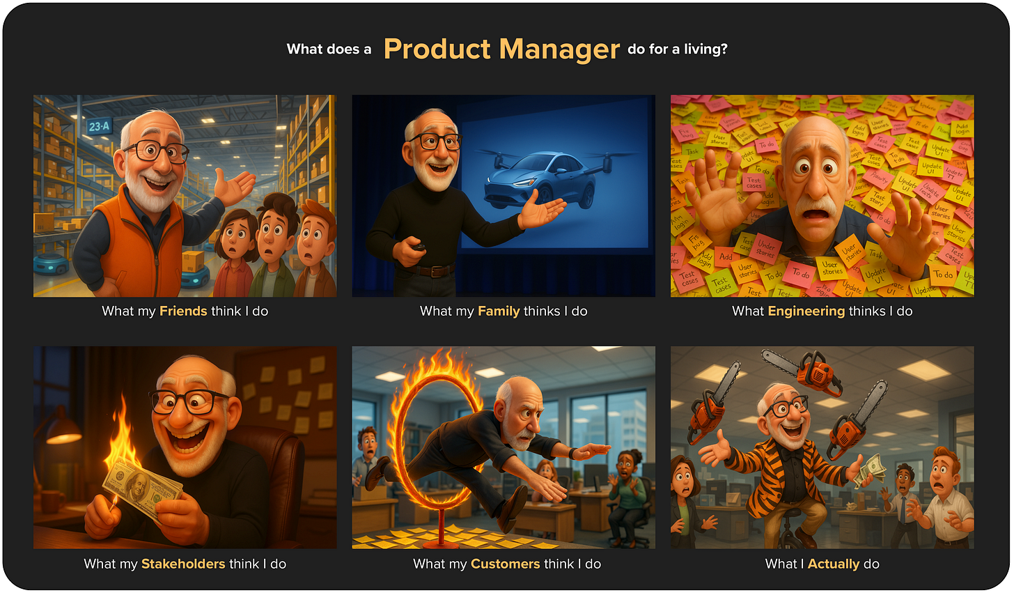 A humorous look at how every group misunderstands the PM role while the real job involves far less drama and far more clarity, alignment, and judgment.