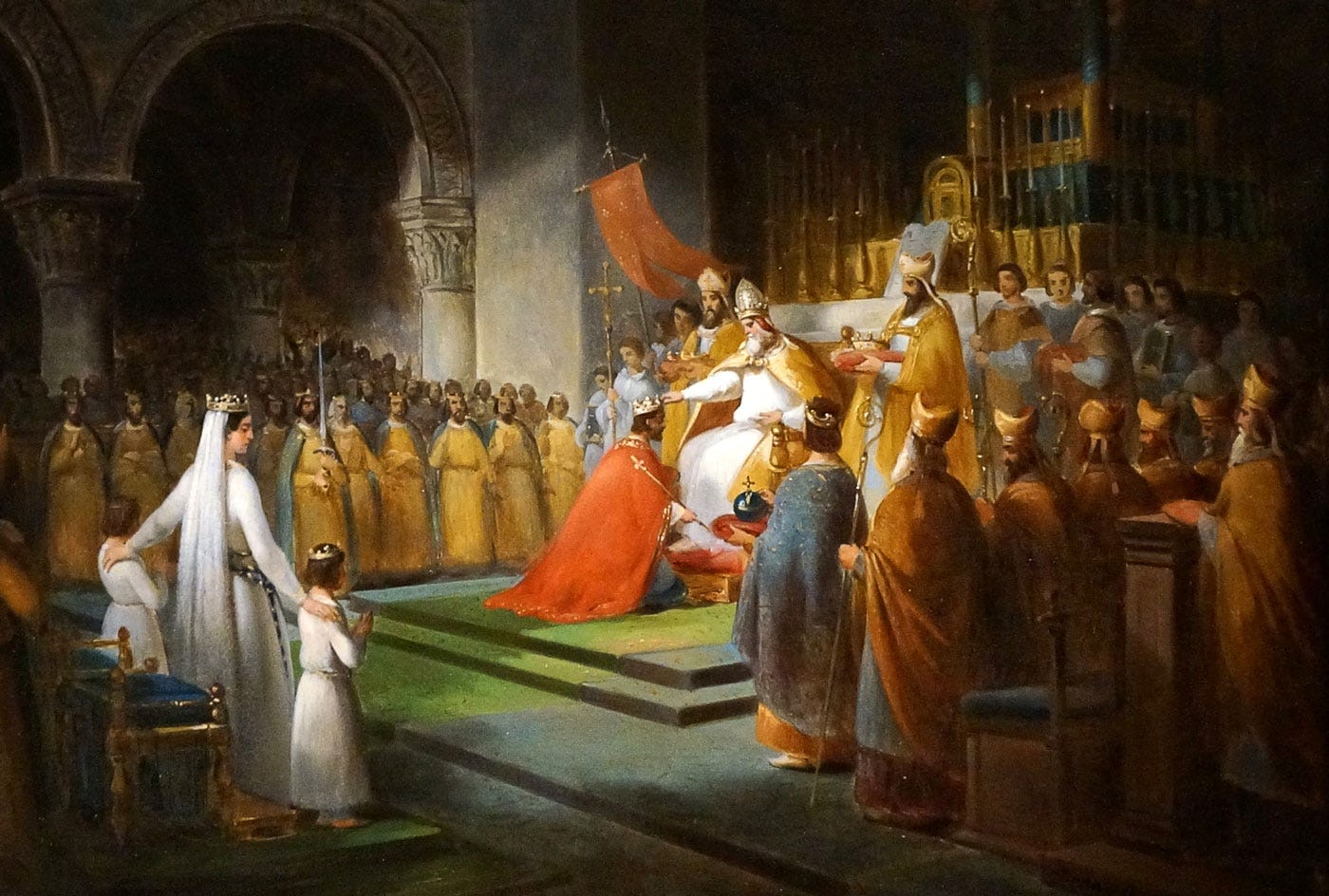 Coronation of Pepin and Charlemagne inside Saint Denis Basilica