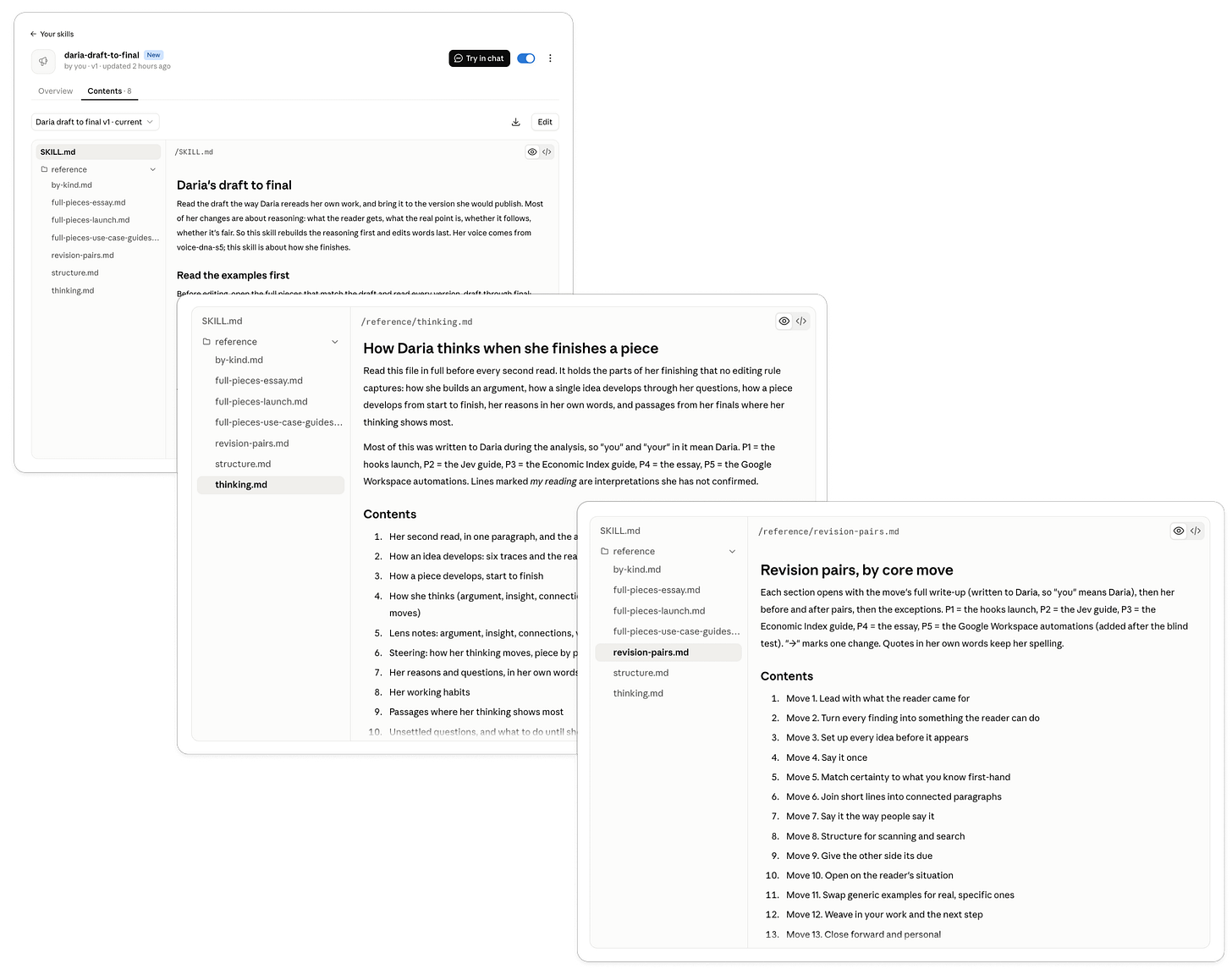 A collage showing the daria-draft-to-final Claude skill and excerpts from its thinking.md and revision-pairs.md reference files, which guide AI through Daria’s reasoning and revision process.